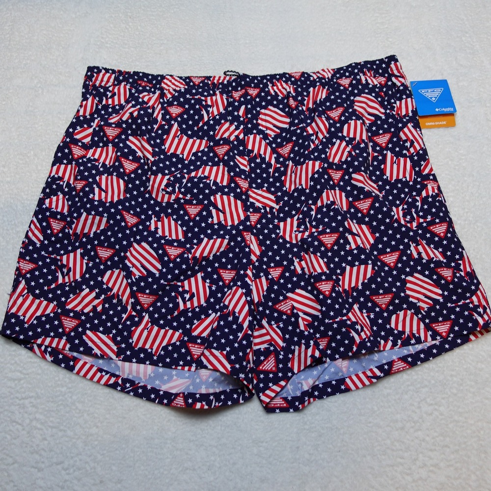 Columbia PFG Clearwater Shores Trunk Mens XXL Blue Red American Flag Fish 6in